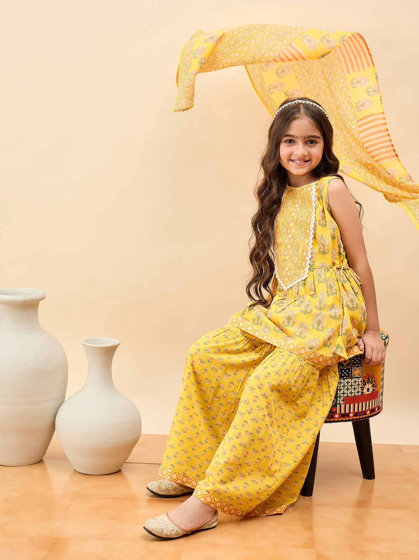 Girls Above Knee All over Print Kurti Set - Yellow