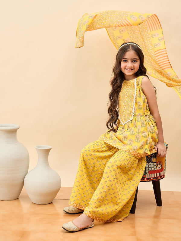 Girls Above Knee All over Print Kurti Set - Yellow
