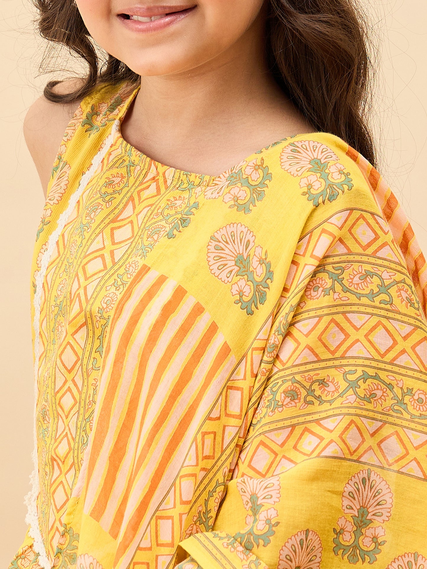 Girls Above Knee All over Print Kurti Set - Yellow