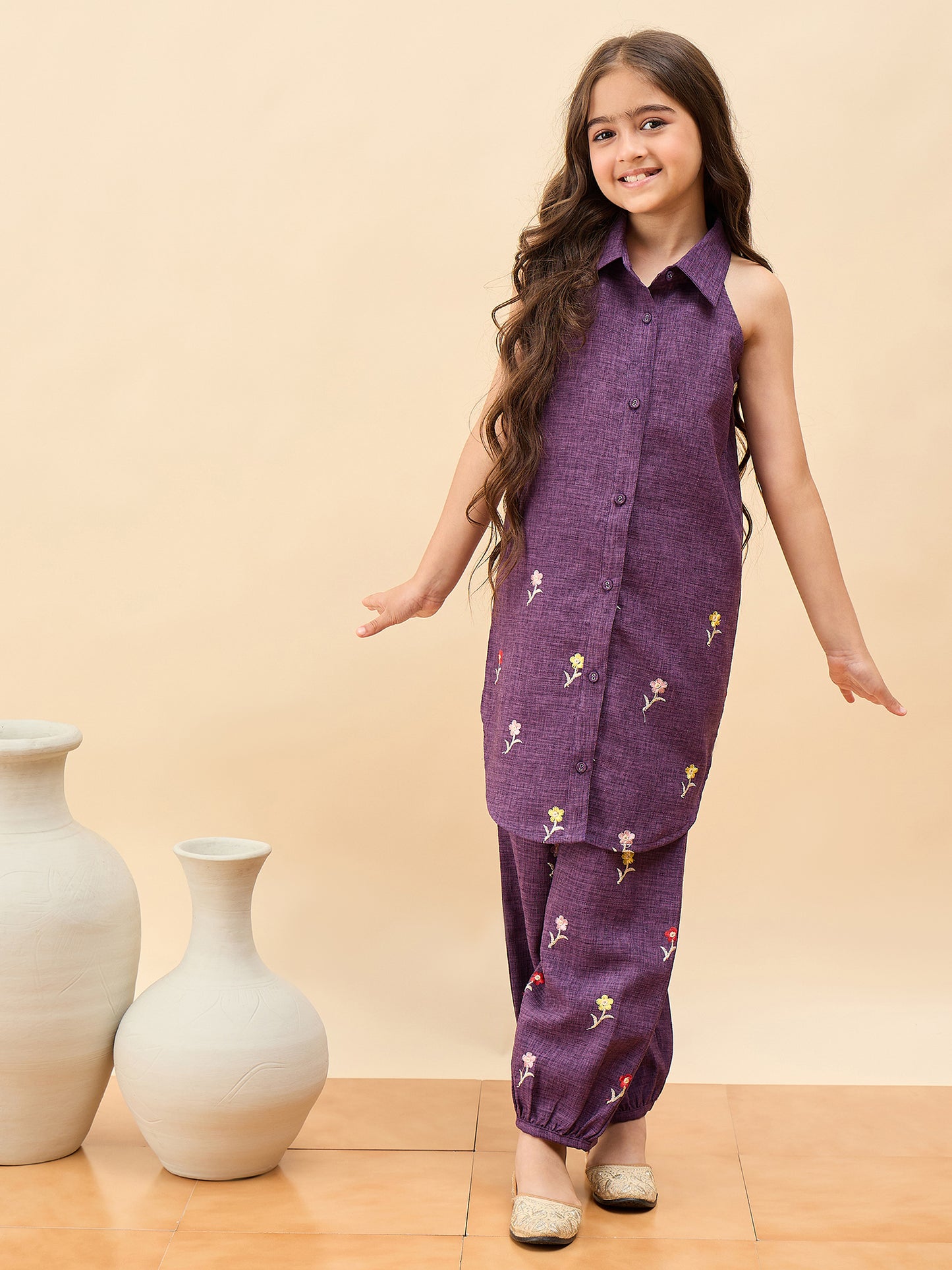 Girls Above Knee Embroidery Kurti Set - Purple