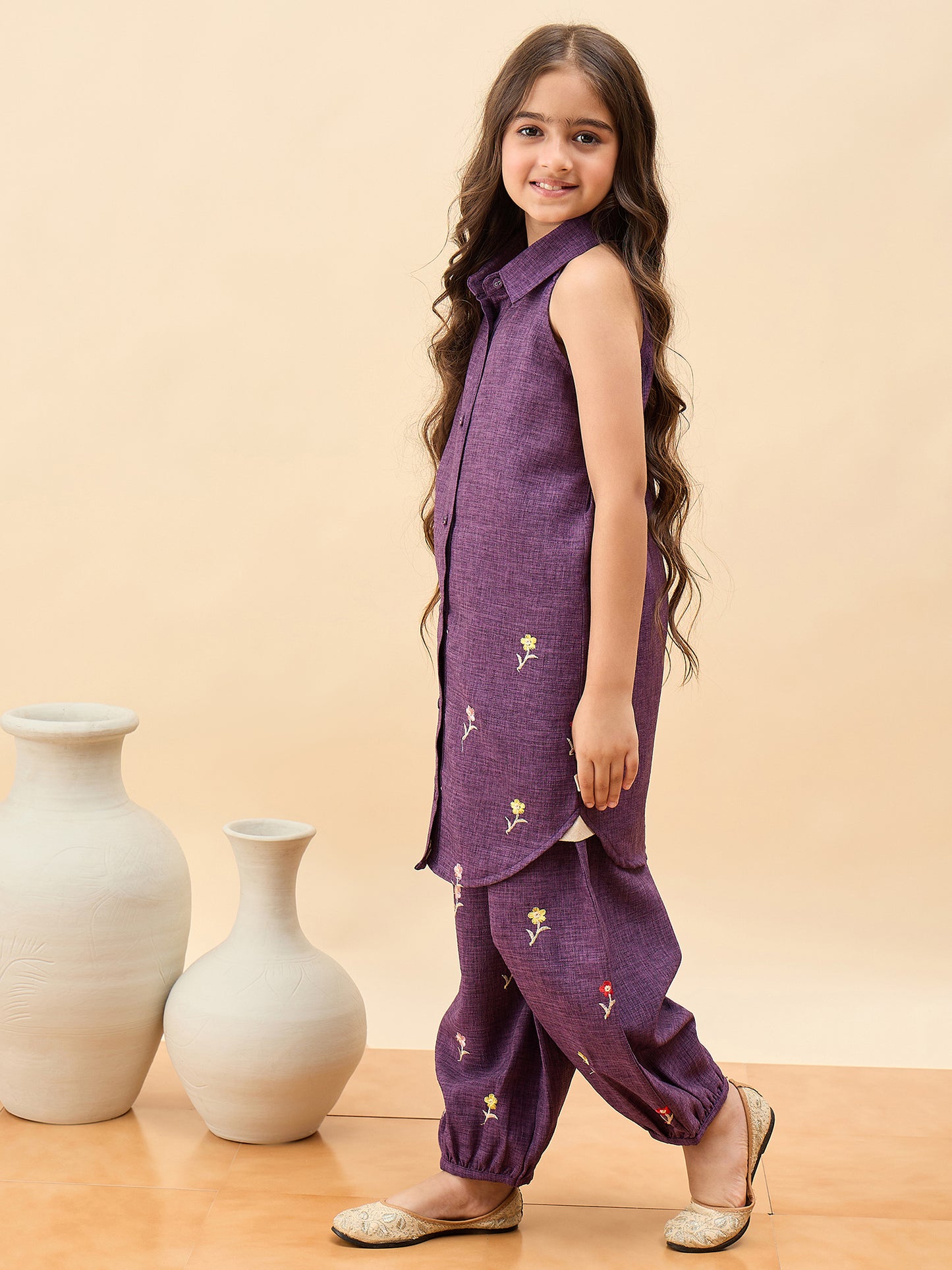 Girls Above Knee Embroidery Kurti Set - Purple