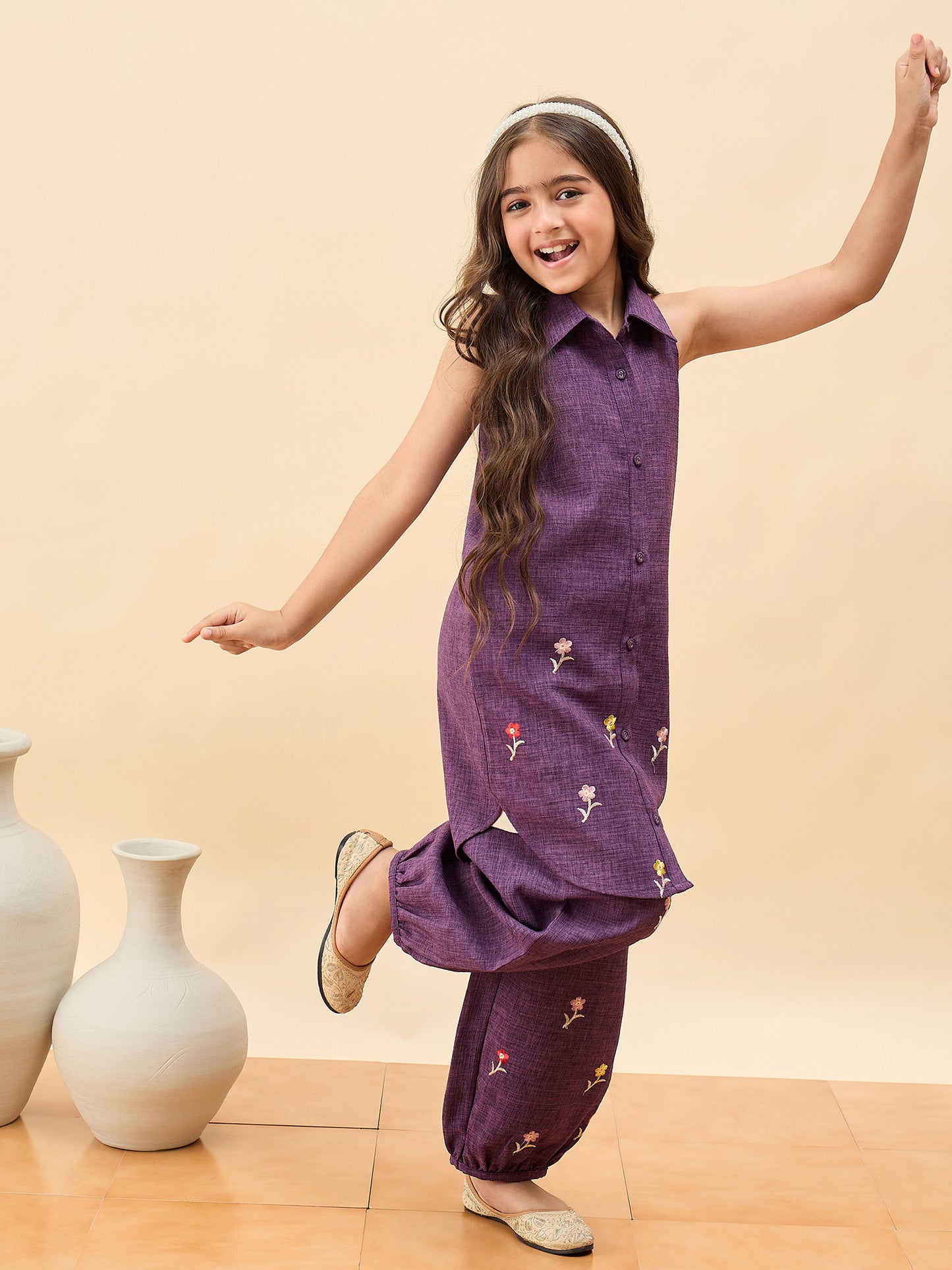 Girls Above Knee Embroidery Kurti Set - Purple