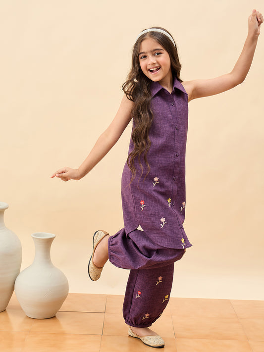Girls Above Knee Embroidery Kurti Set - Purple