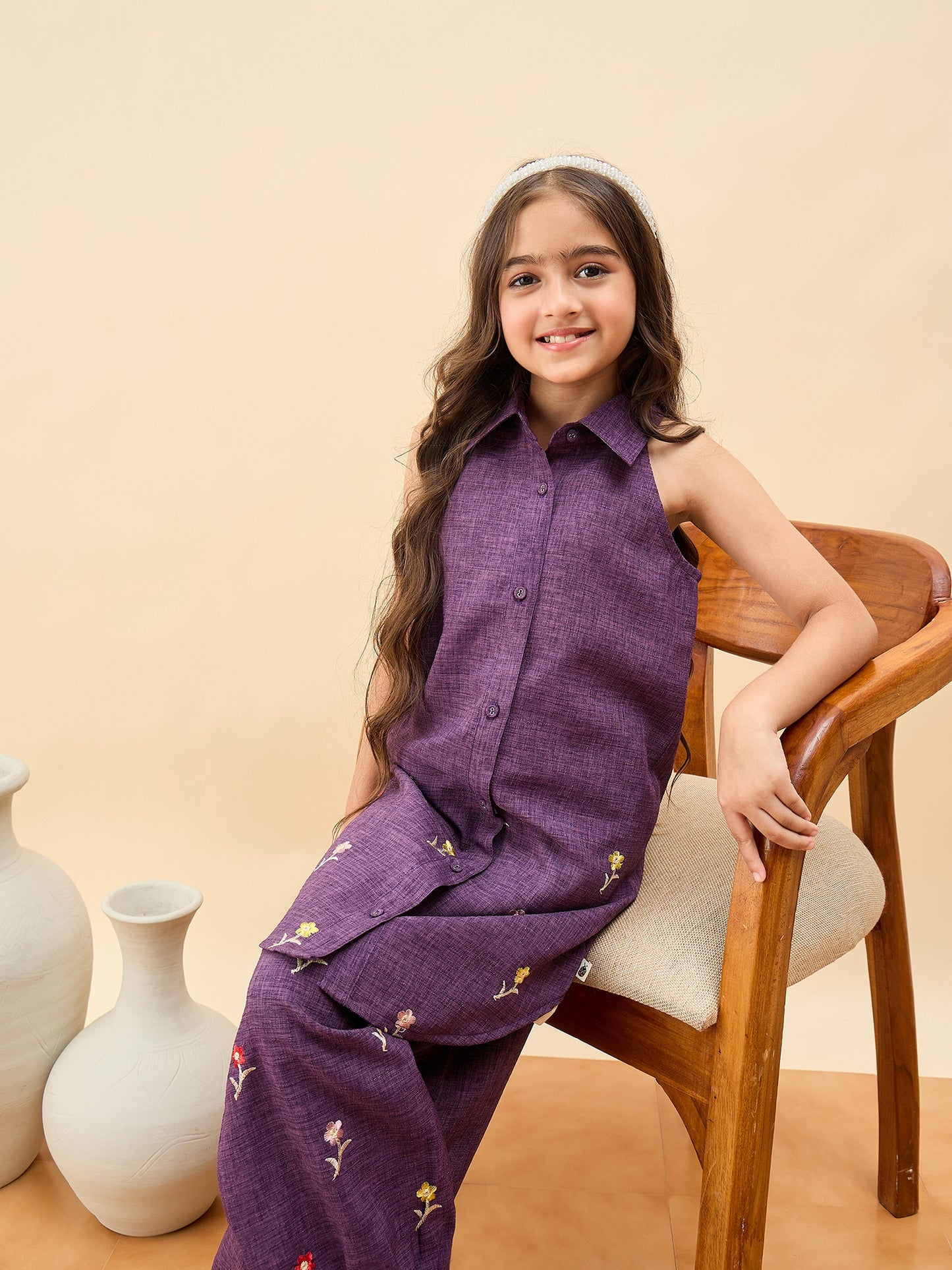 Girls Above Knee Embroidery Kurti Set - Purple