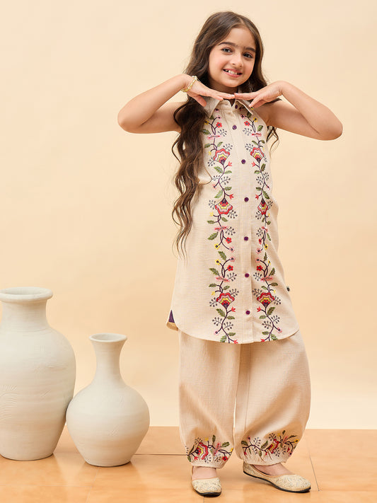 Girls Above Knee Embroidery Kurti Set - Off-White