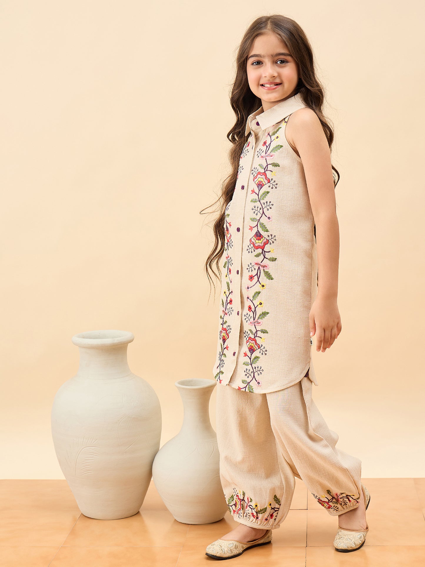 Girls Above Knee Embroidery Kurti Set - Off-White