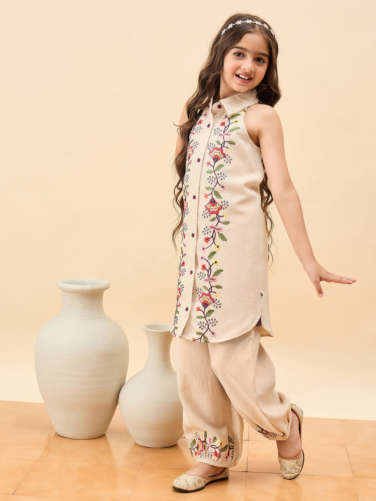 Girls Above Knee Embroidery Kurti Set - Off-White