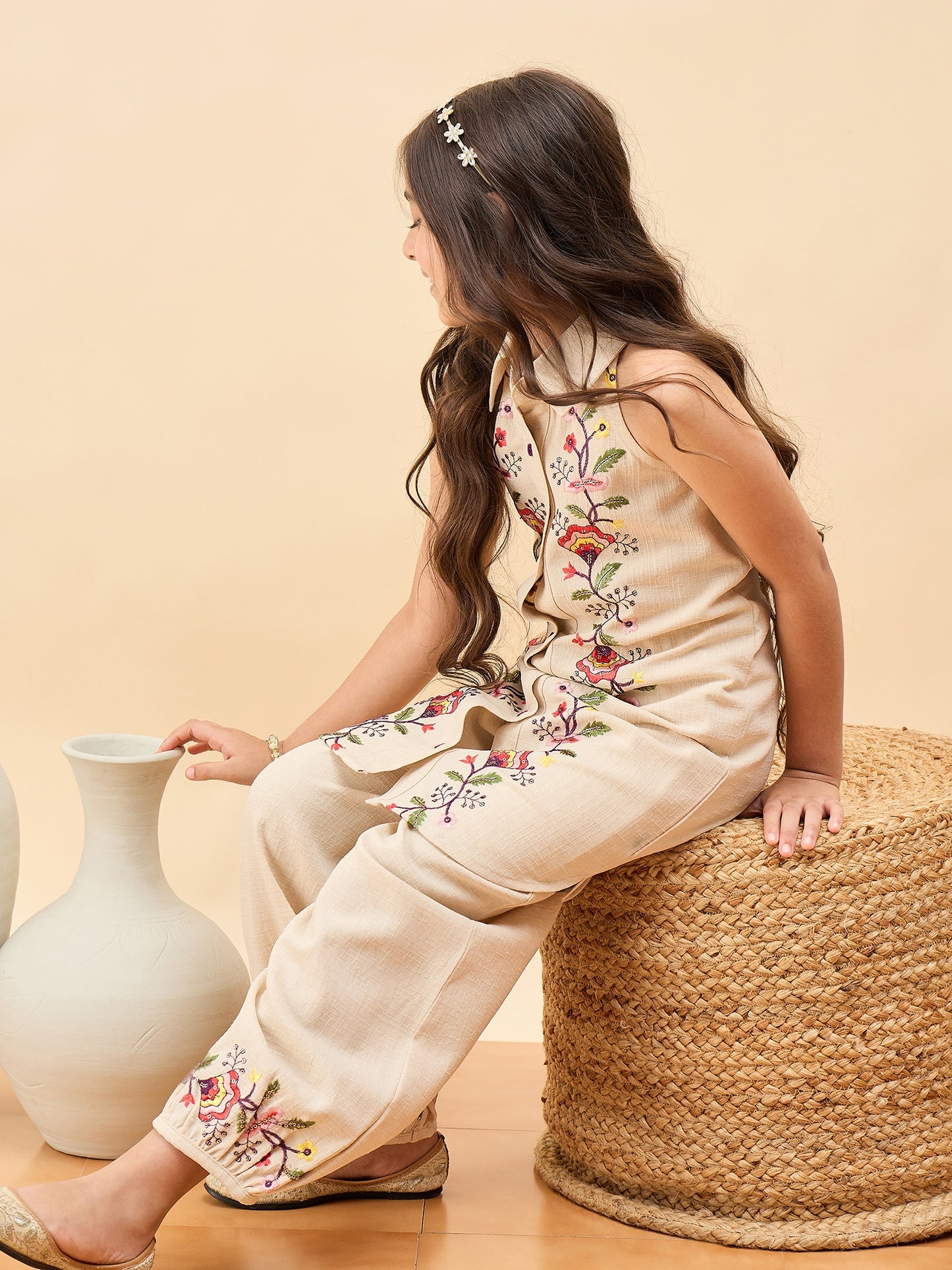 Girls Above Knee Embroidery Kurti Set - Off-White