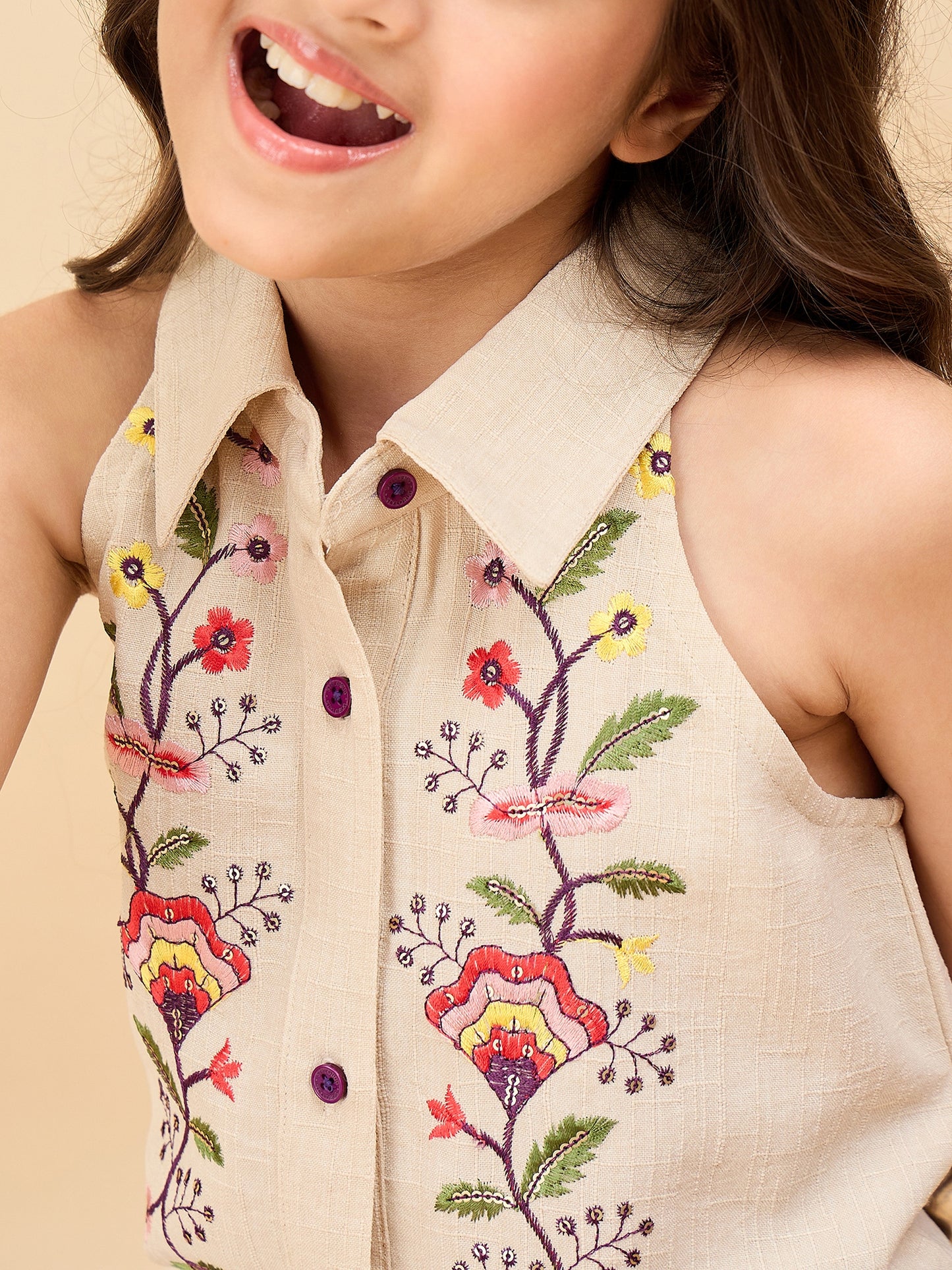 Girls Above Knee Embroidery Kurti Set - Off-White