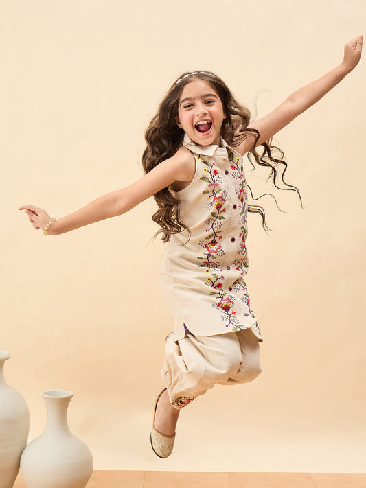 Girls Above Knee Embroidery Kurti Set - Off-White