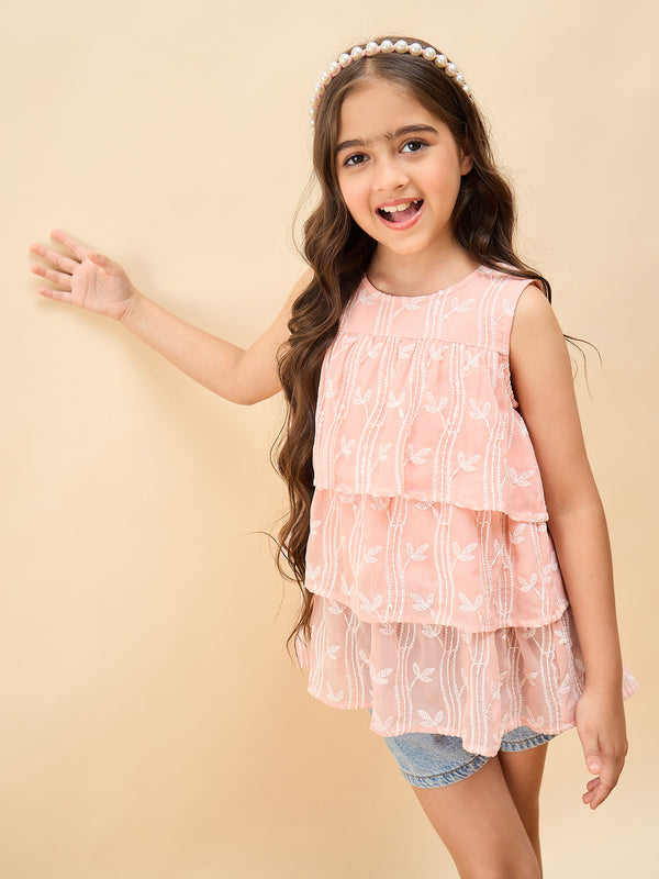 Girls Waist Length Embroidery Top - Peach