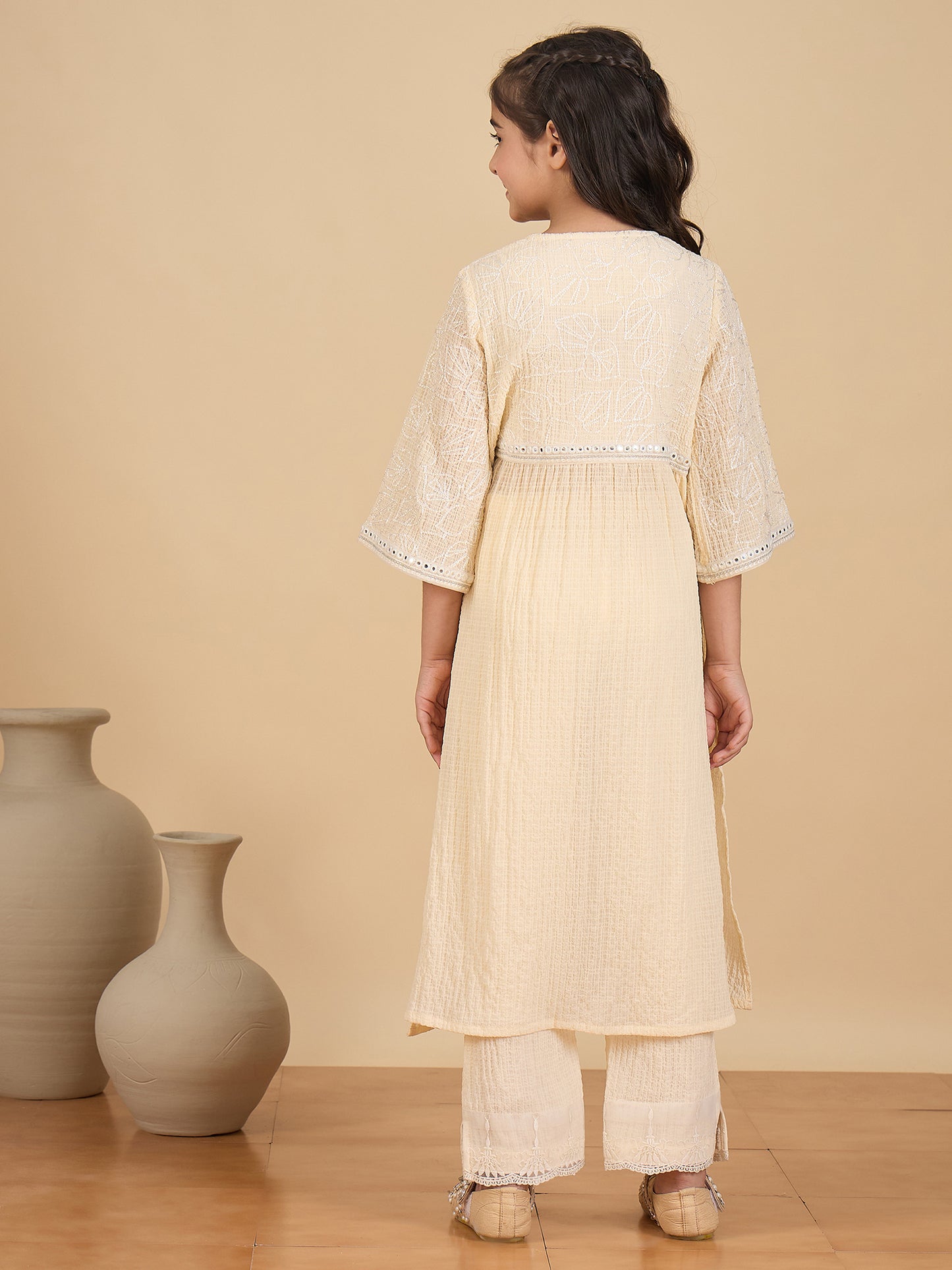 Girls Below Knee Embroidery Kurti Set - Cream