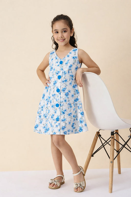 Girls Knee Length All over Print Dress - Blue