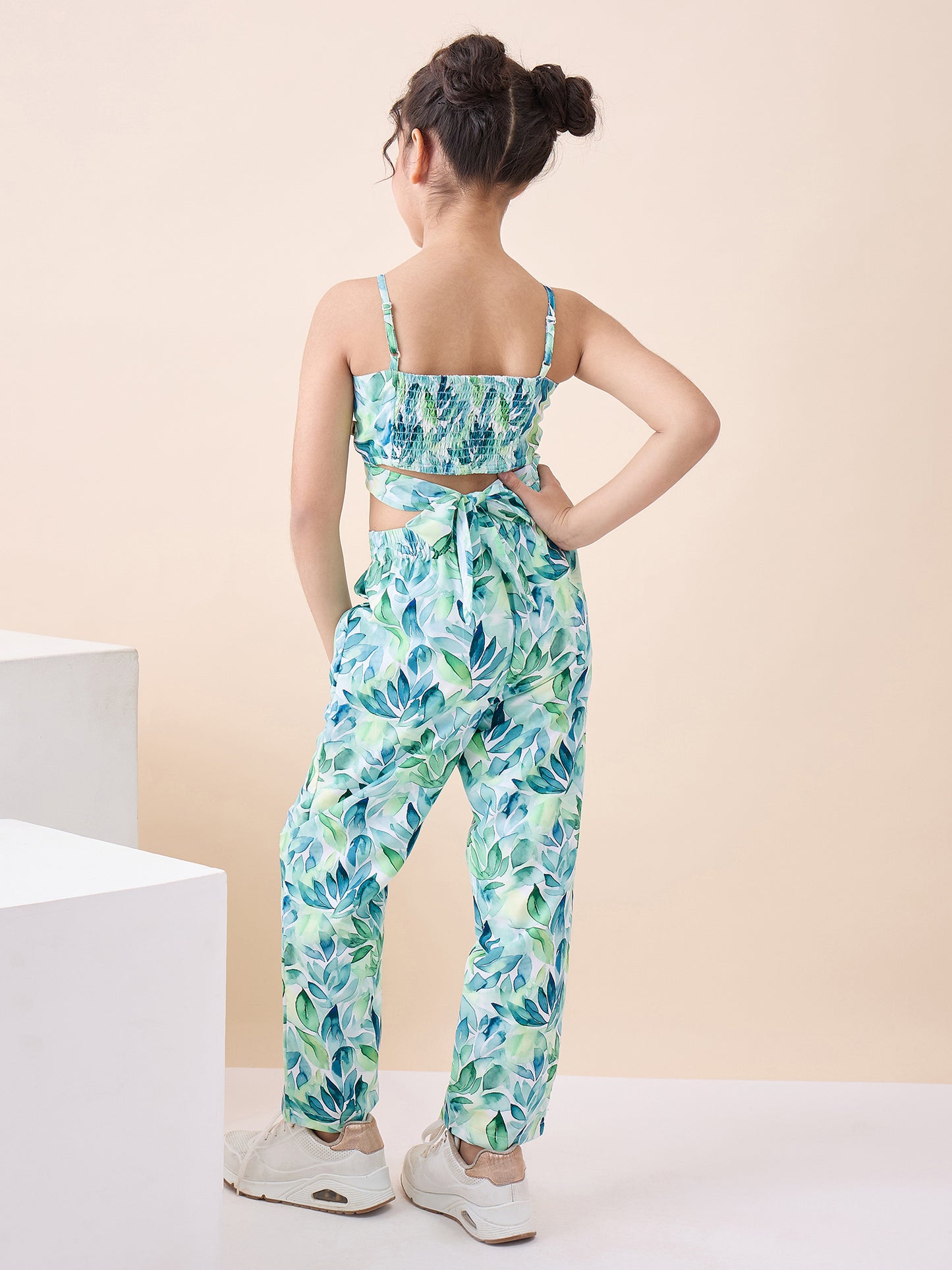 Girls Ankle Length All over Print Top With Pants - Green