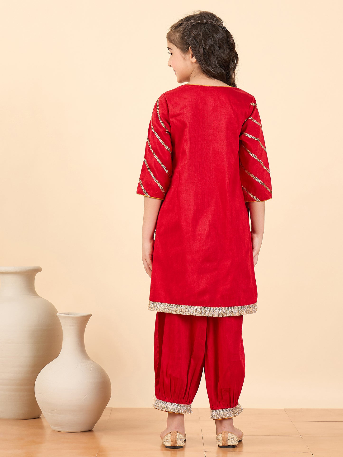 Girls Above Knee Embroidery Kurti Set - Red