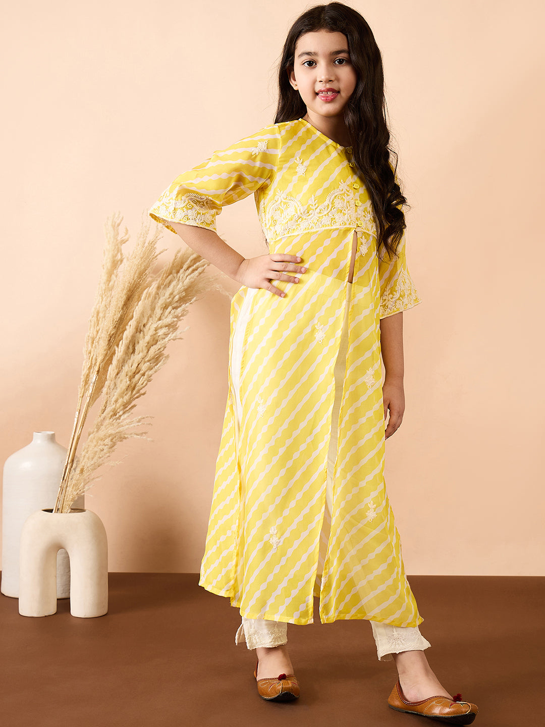Girls Calf Length Printed Kurti Set - Yellow