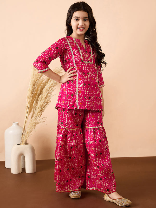 Girls Ankle Length All over Print Kurti Set - Magenta