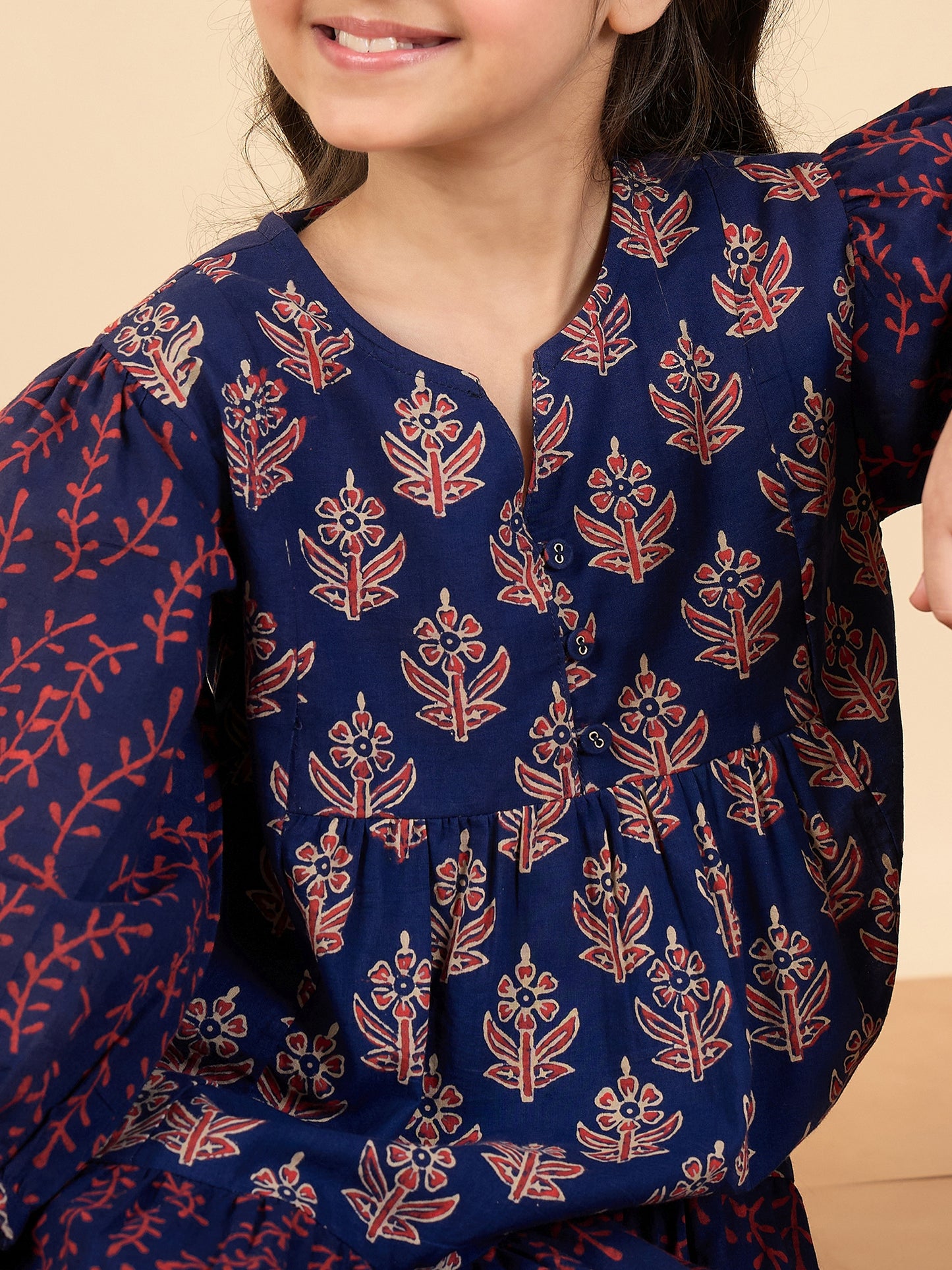 Girls Above Knee All over Print Kurti Set - Blue