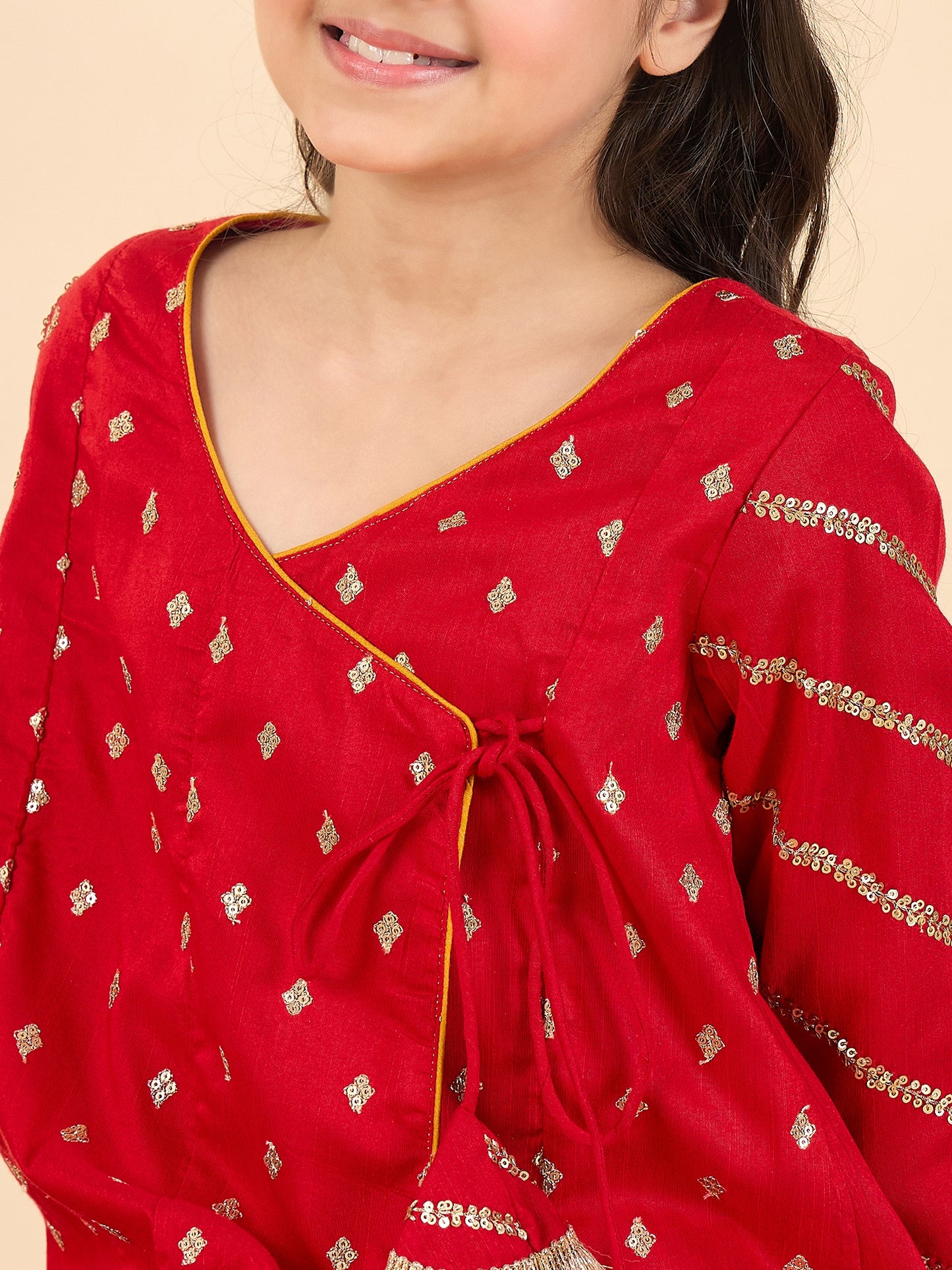 Girls Above Knee Embroidery Kurti Set - Red
