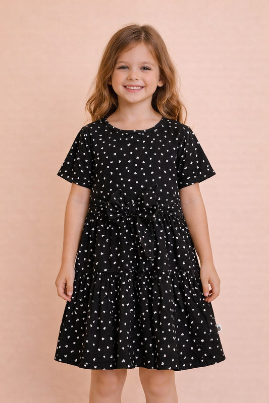 Girls Knee Length All over Print Dress - Black