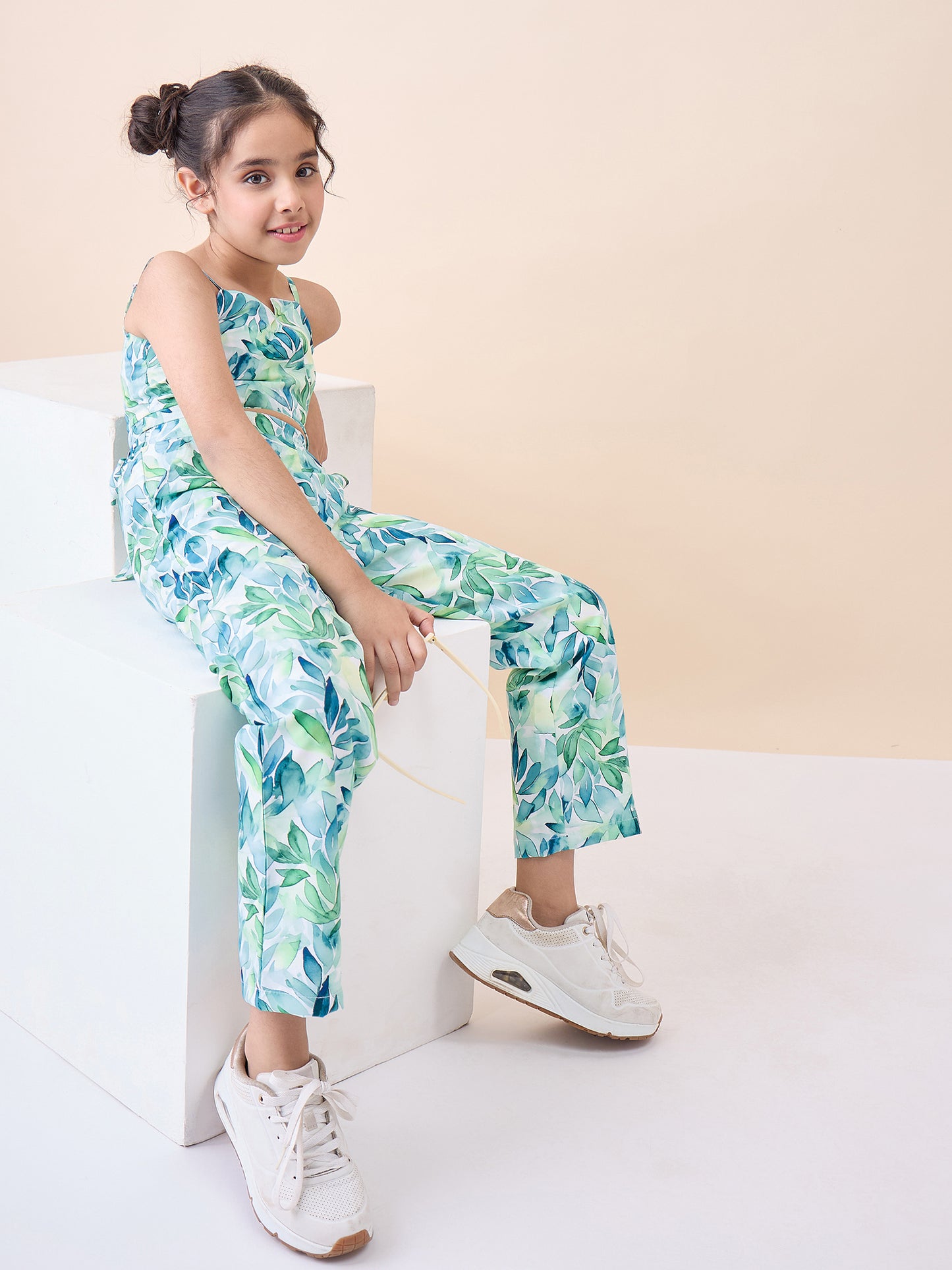 Girls Ankle Length All over Print Top With Pants - Green