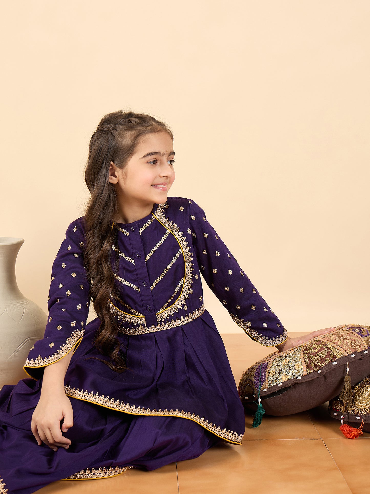 Girls Above Knee Embroidery Kurti Set - Purple