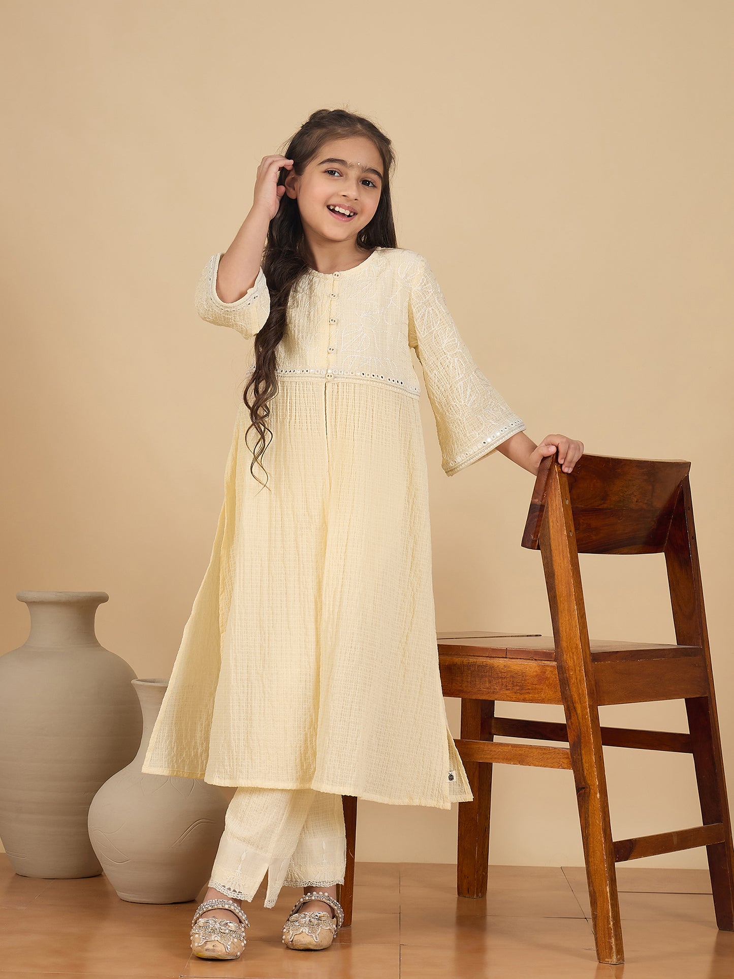Girls Below Knee Embroidery Kurti Set - Cream
