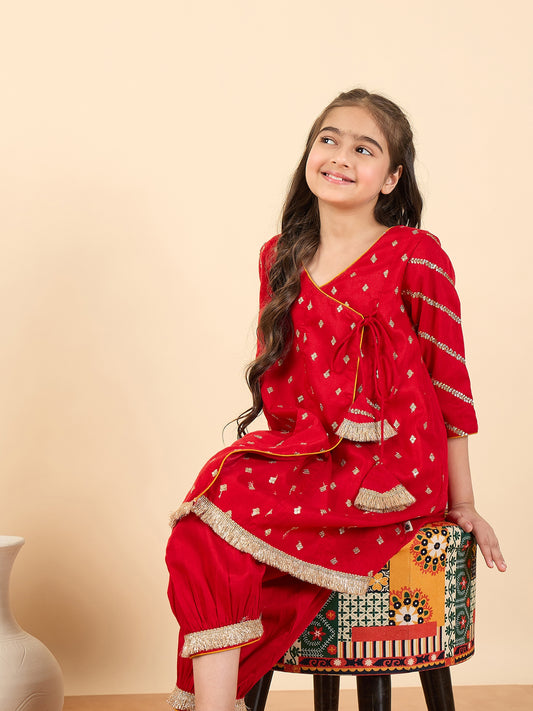 Girls Above Knee Embroidery Kurti Set - Red