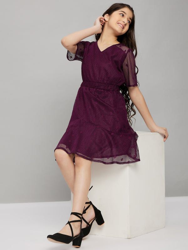 Girls Knee Length Solid Dress - Maroon