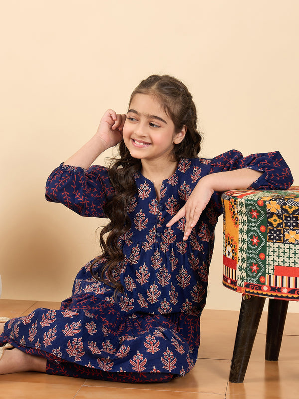 Girls Above Knee All over Print Kurti Set - Blue