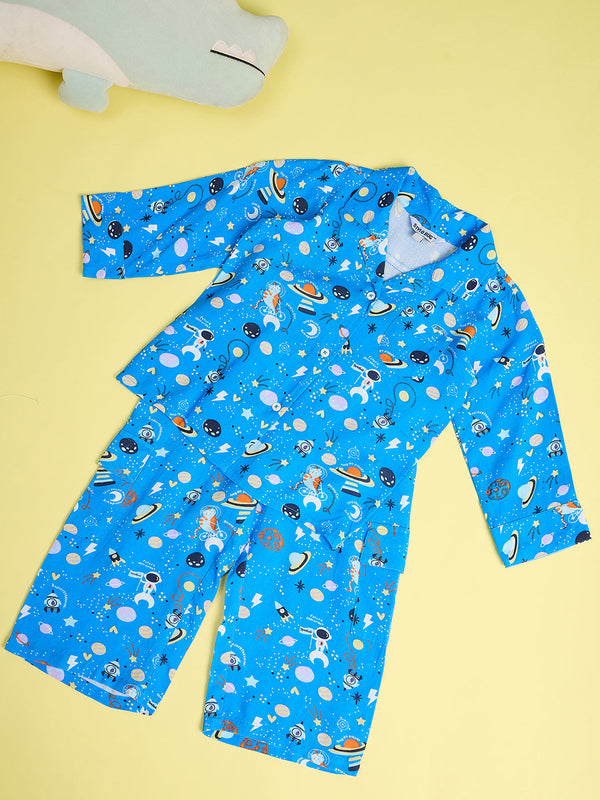 StyloBug Boys Full Length Printed Night Suit - Blue