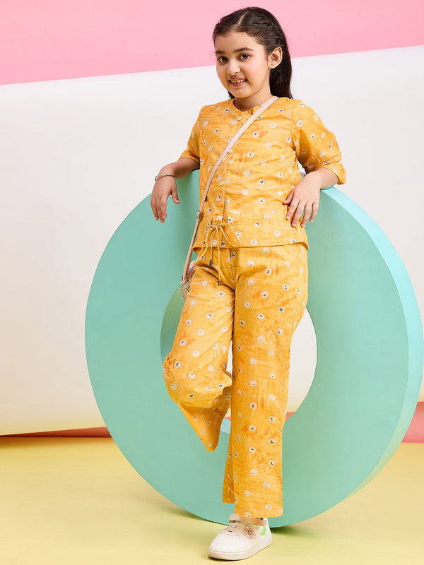 StyloBug Girls Ankle Length Printed Top With Pants - Orange
