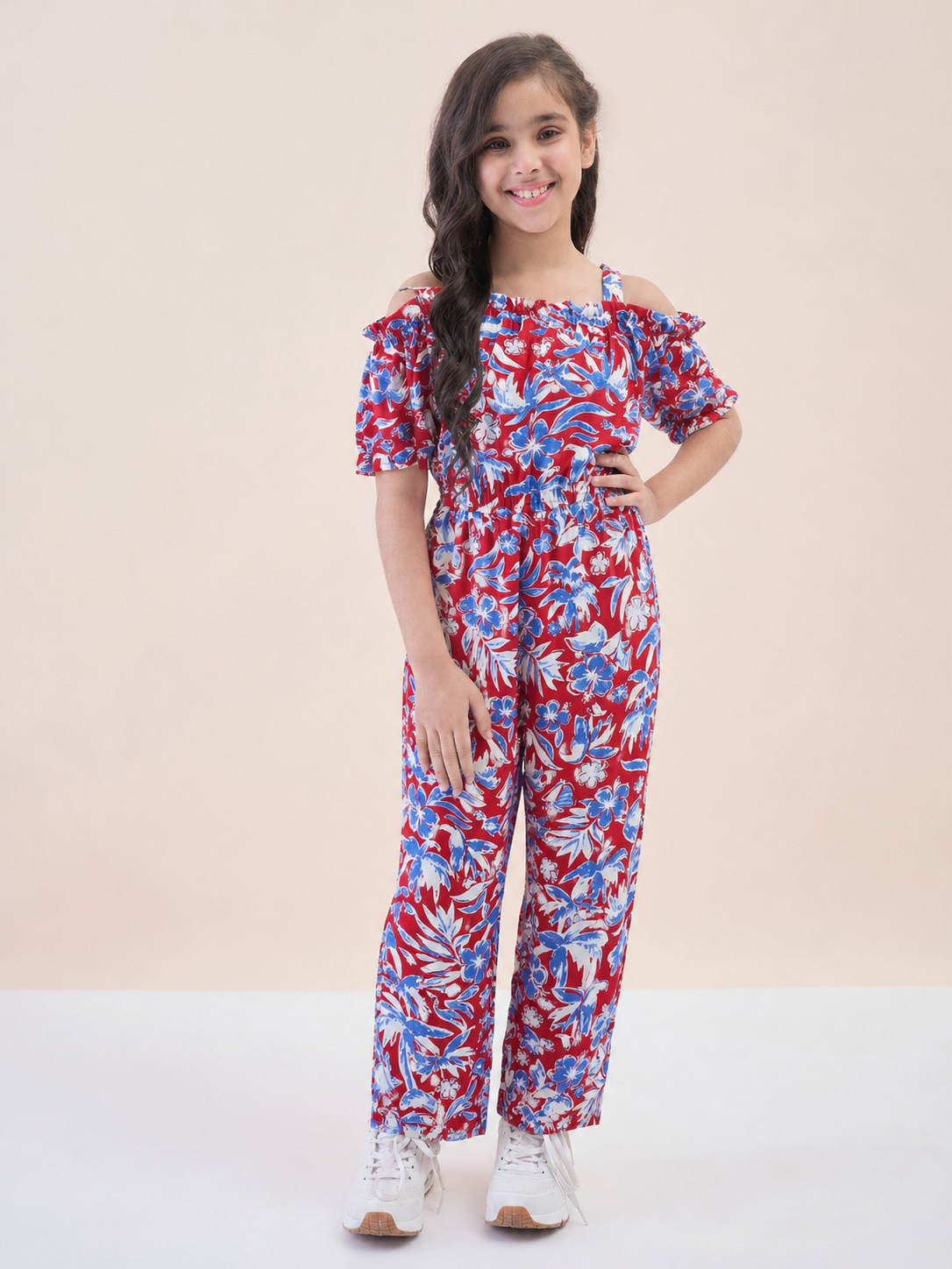 Girls Ankle Length All over Print Jumpsuit - Red