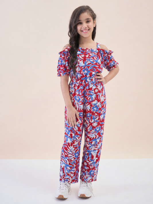 Girls Ankle Length All over Print Jumpsuit - Red