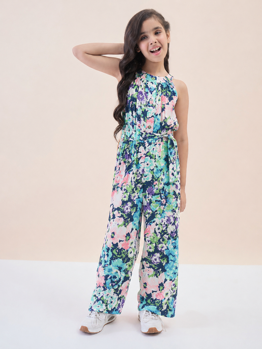 Girls Ankle Length All over Print Jumpsuit - Blue
