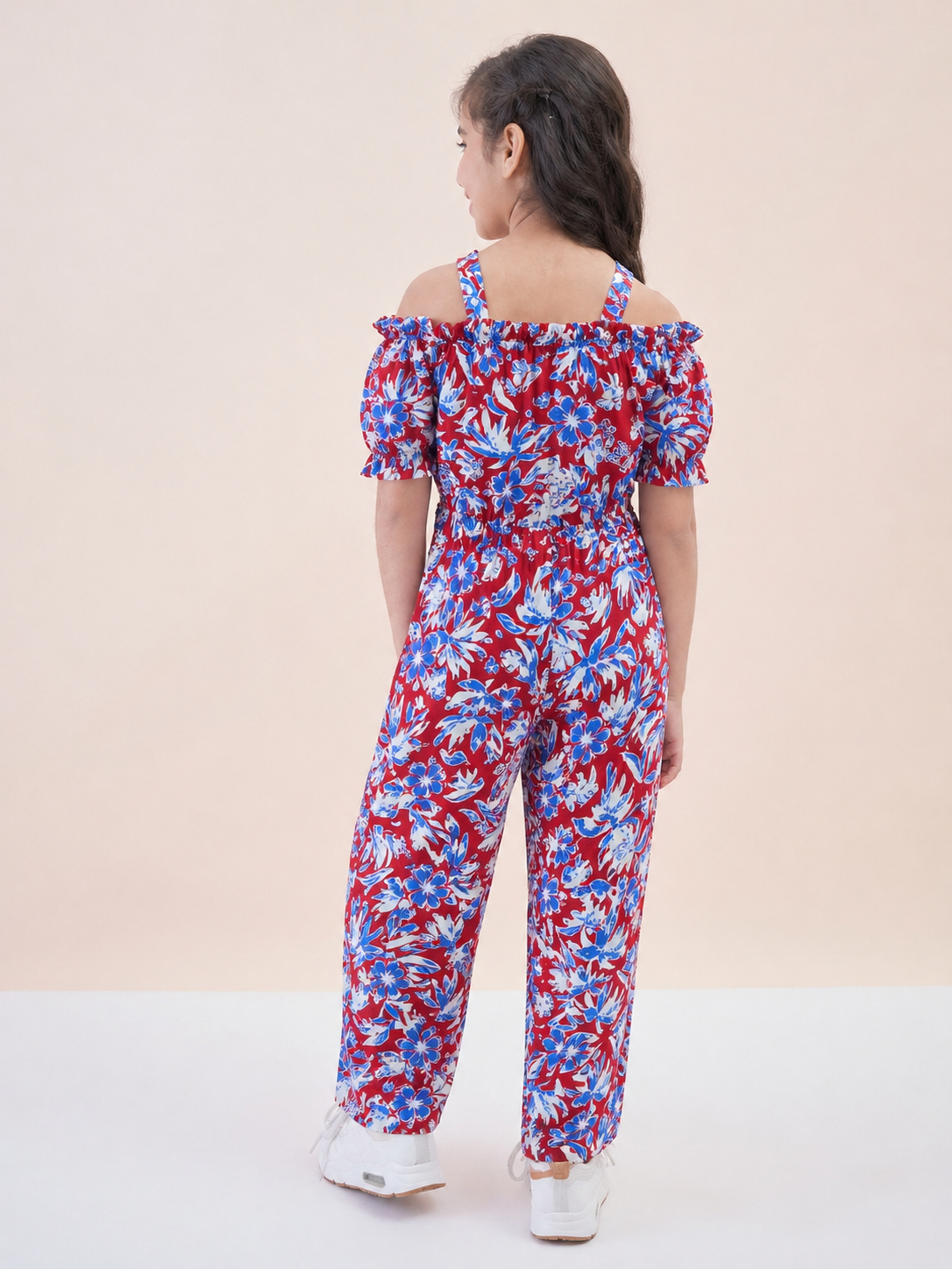 Girls Ankle Length All over Print Jumpsuit - Red