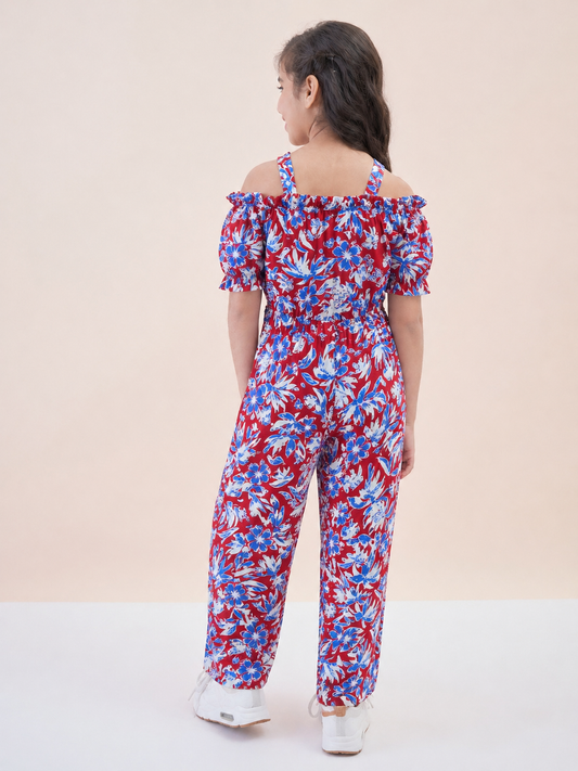 Girls Ankle Length All over Print Jumpsuit - Red