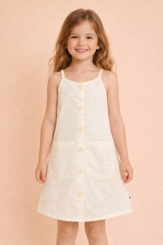 Girls Knee Length Solid Dress - Off-White