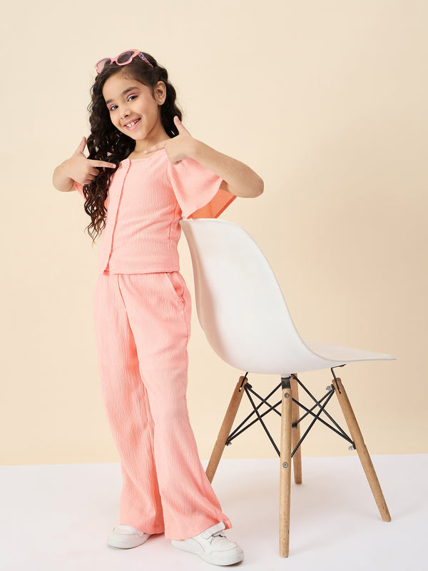 Girls Ankle Length Solid Top With Pants - Peach