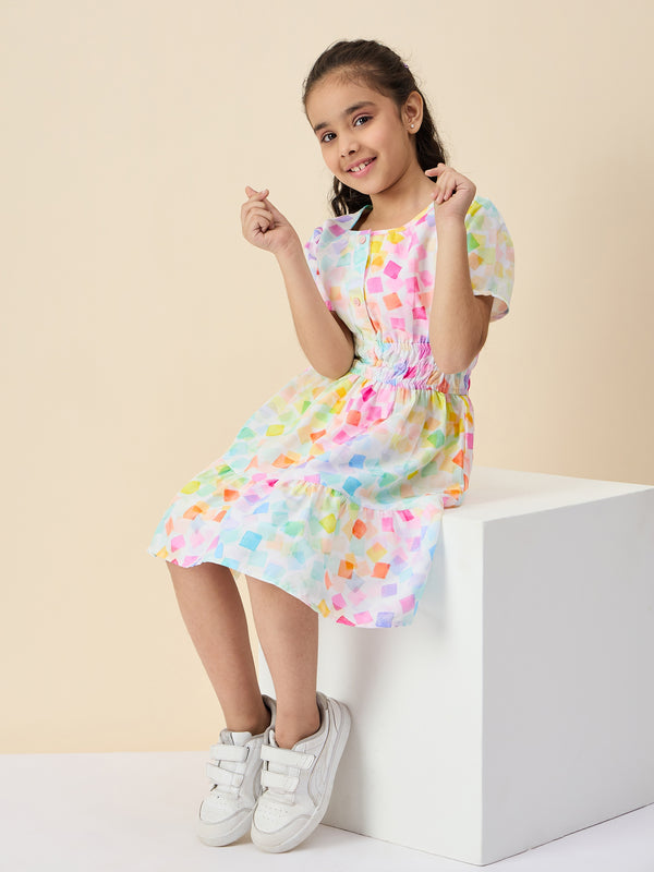 Girls Knee Length All over Print Dress - Multi