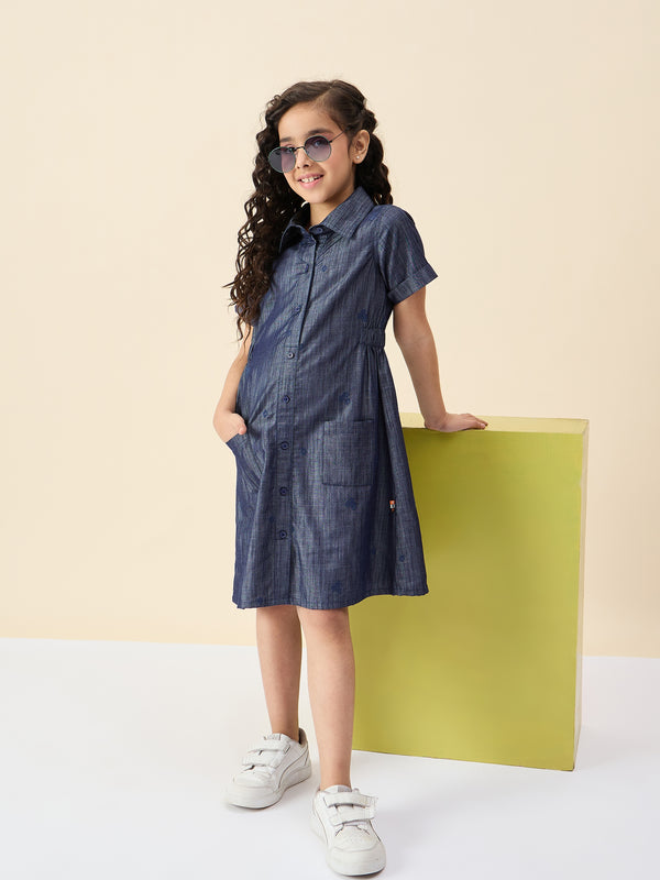 Girls Knee Length All over Print Dress - Blue