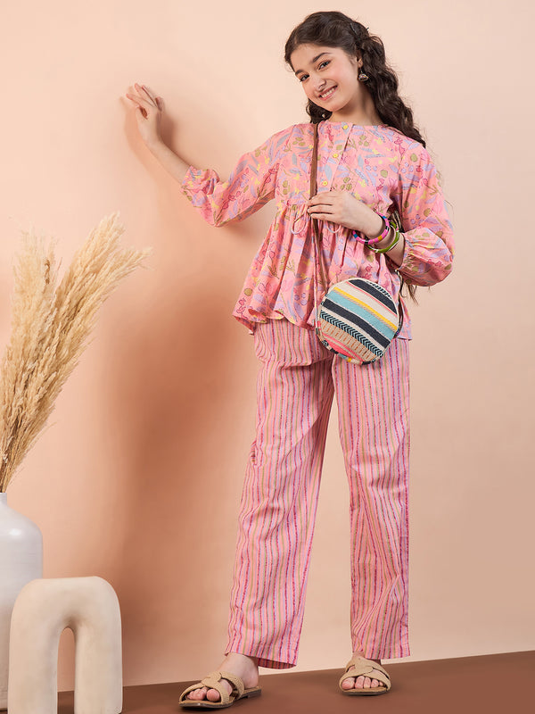Girls Ankle Length All over Print Kurti Set - Pink