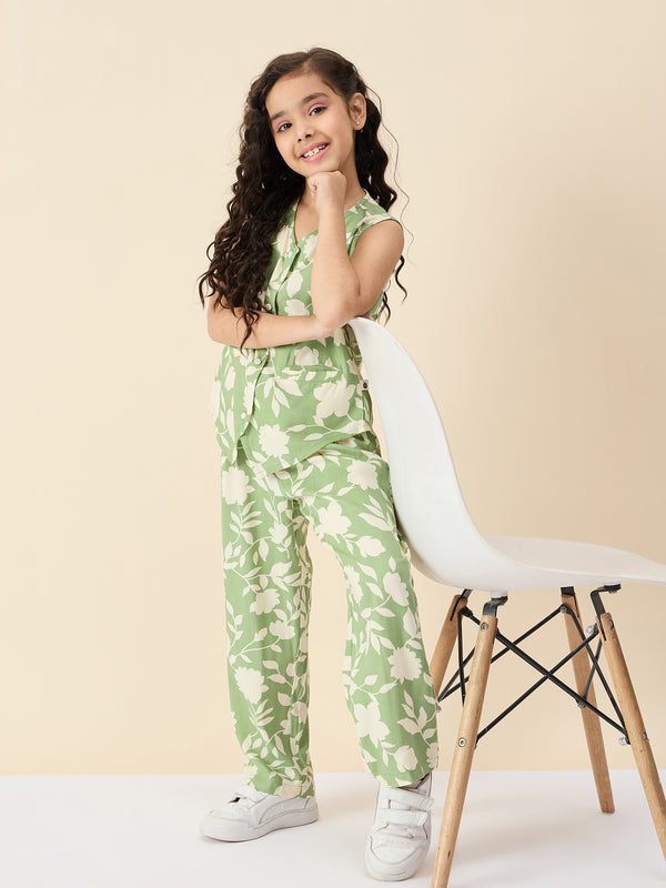 Girls Ankle Length All over Print Top With Pants - Green