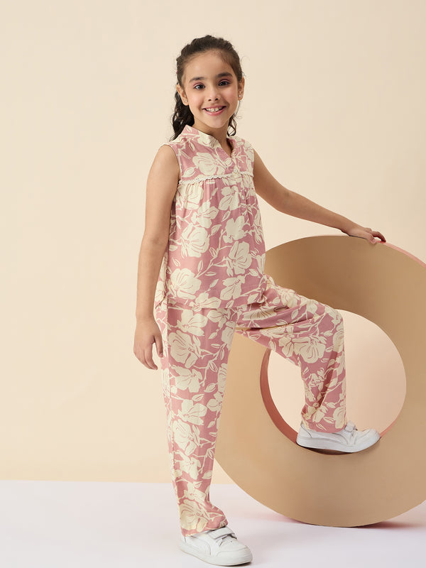 Girls Ankle Length All over Print Top With Pants - Peach