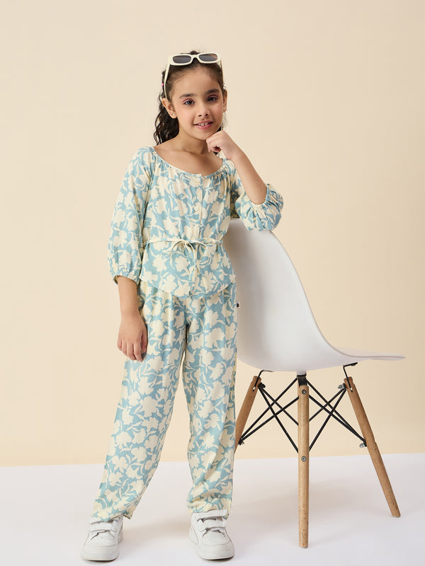 Girls Ankle Length All over Print Top With Pants - Blue