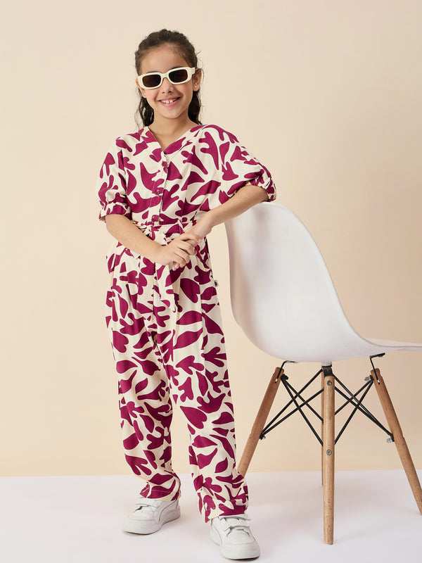 Girls Ankle Length All over Print Jumpsuit - Maroon