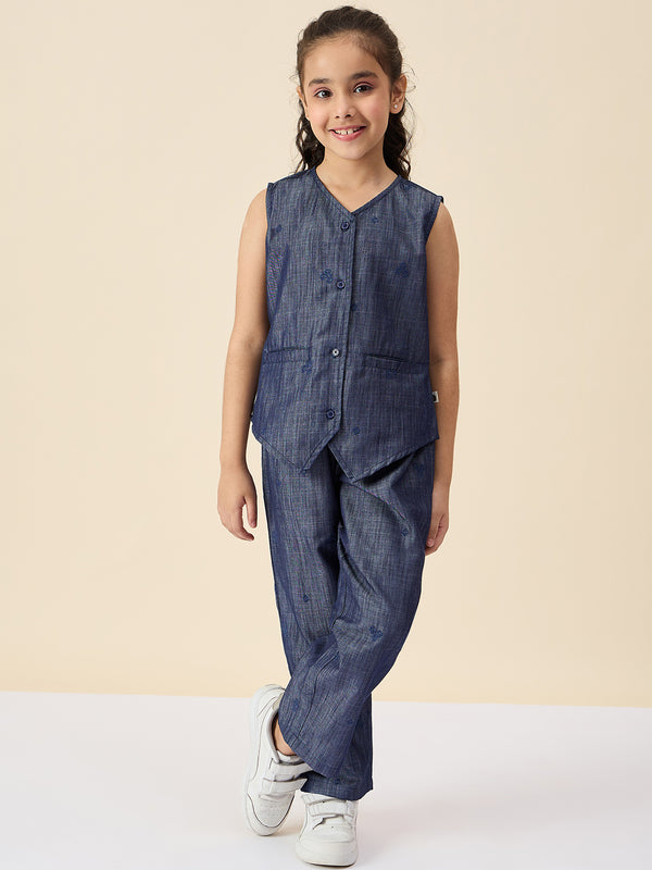 Girls Ankle Length Embroidery Top With Pants - Blue