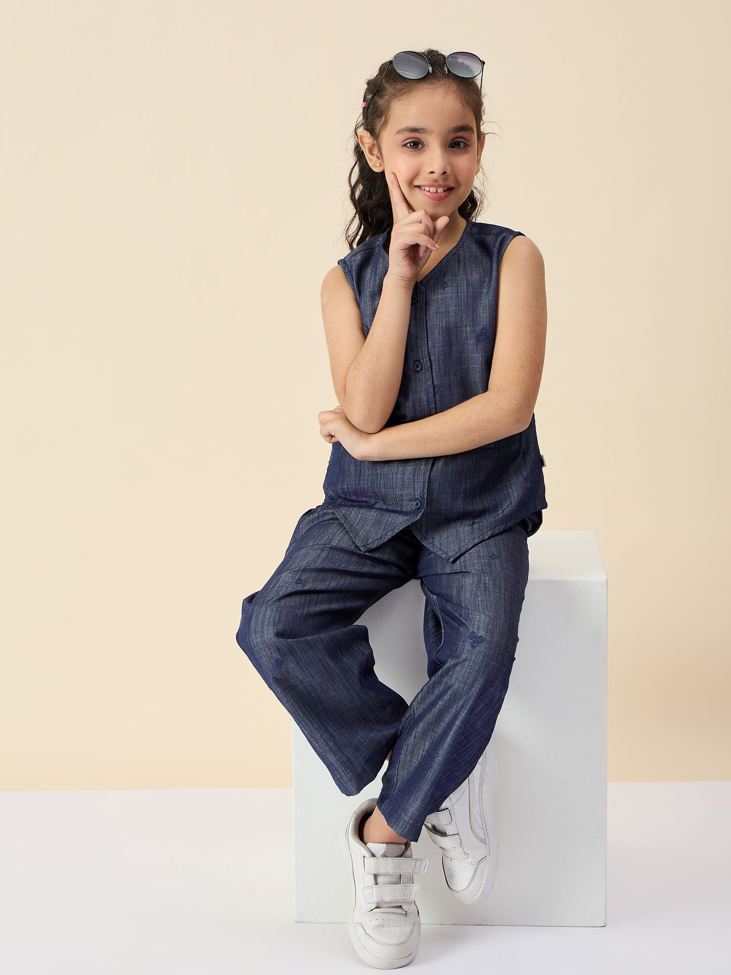 Girls Ankle Length Embroidery Top With Pants - Blue