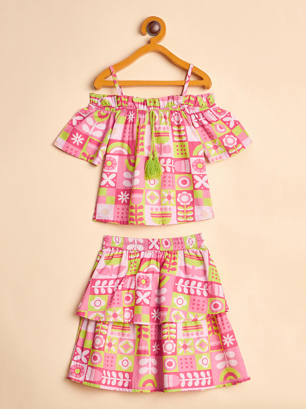 Girls Above Knee All over Print Top with Skirt - Multi
