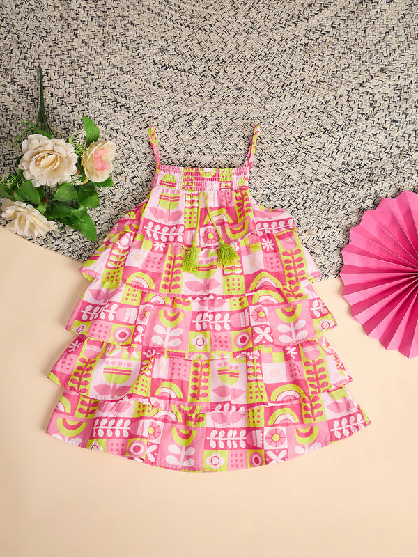 Girls Knee Length All over Print Dress - Multi